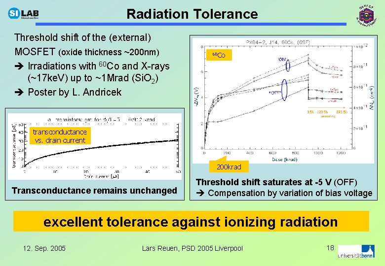 Radiation Tolerance Threshold shift of the (external) MOSFET (oxide thickness ~200 nm) Irradiations with