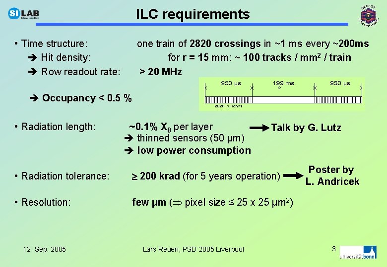 ILC requirements • Time structure: Hit density: Row readout rate: one train of 2820