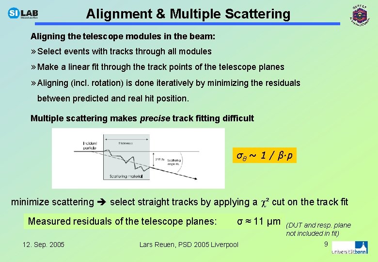 Alignment & Multiple Scattering Aligning the telescope modules in the beam: » Select events