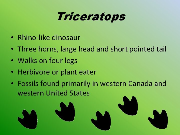 Triceratops • • • Rhino-like dinosaur Three horns, large head and short pointed tail