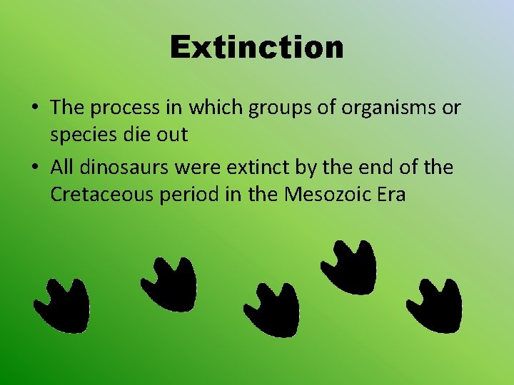 Extinction • The process in which groups of organisms or species die out •