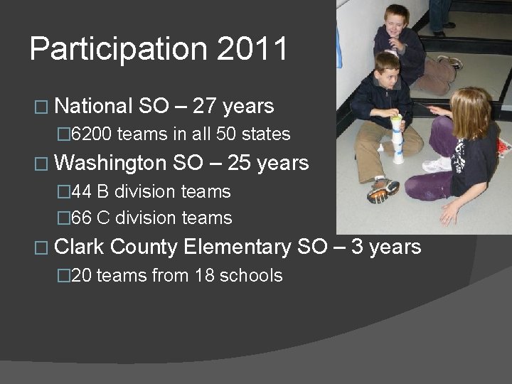 Participation 2011 � National SO – 27 years � 6200 teams in all 50