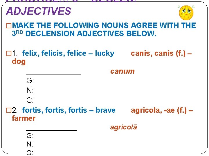 PRACTICE!!! 3 ADJECTIVES DECLEN. �MAKE THE FOLLOWING NOUNS AGREE WITH THE 3 RD DECLENSION