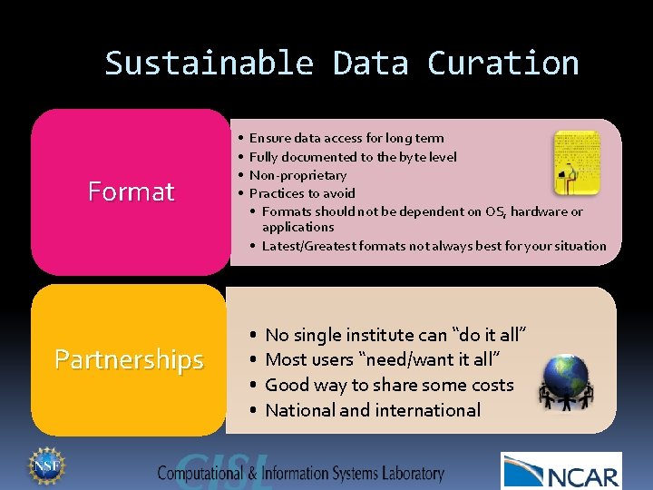 Sustainable Data Curation Format Partnerships • • Ensure data access for long term Fully