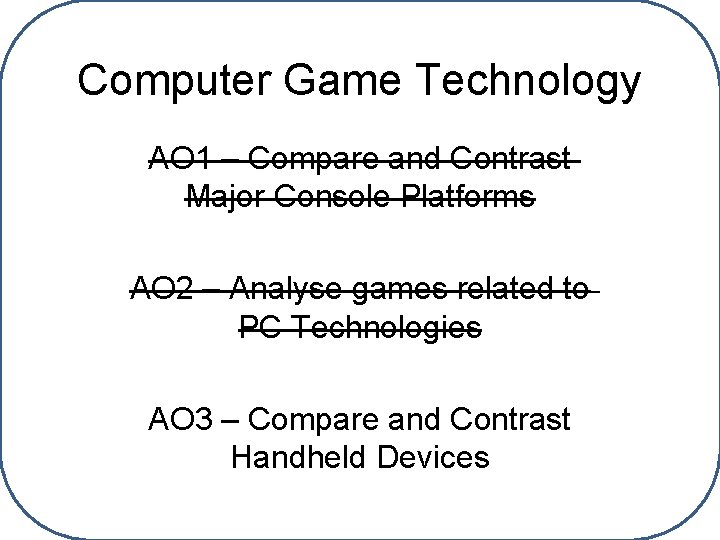 Computer Game Technology AO 1 – Compare and Contrast Major Console Platforms AO 2
