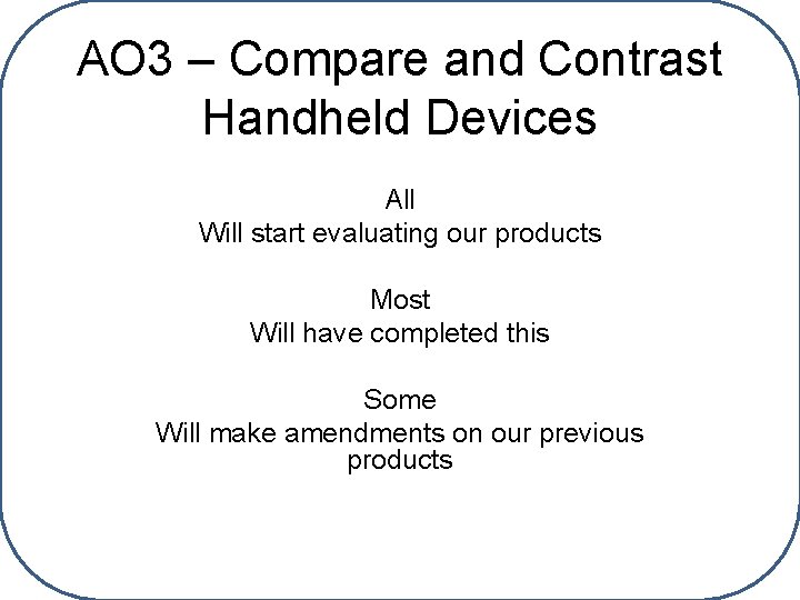 AO 3 – Compare and Contrast Handheld Devices All Will start evaluating our products