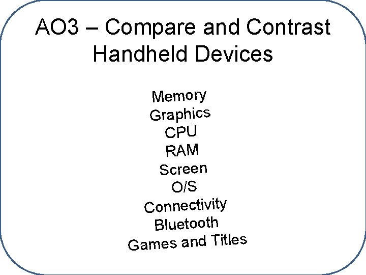 AO 3 – Compare and Contrast Handheld Devices Memory Graphics CPU RAM Screen O/S