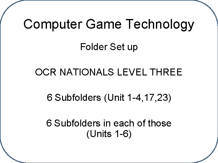 Computer Game Technology Folder Set up OCR NATIONALS LEVEL THREE 6 Subfolders (Unit 1