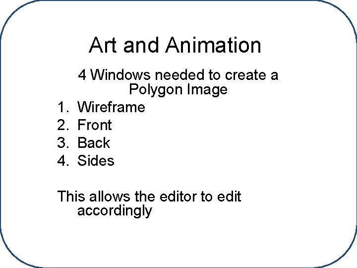 Art and Animation 1. 2. 3. 4. 4 Windows needed to create a Polygon