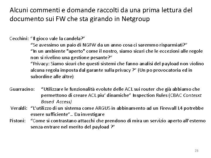 Alcuni commenti e domande raccolti da una prima lettura del documento sui FW che