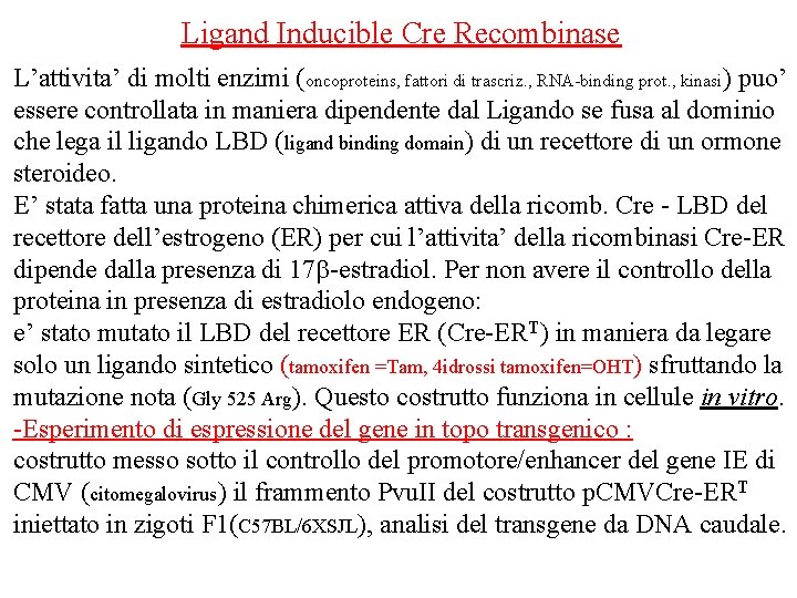 Ligand Inducible Cre Recombinase L’attivita’ di molti enzimi (oncoproteins, fattori di trascriz. , RNA-binding