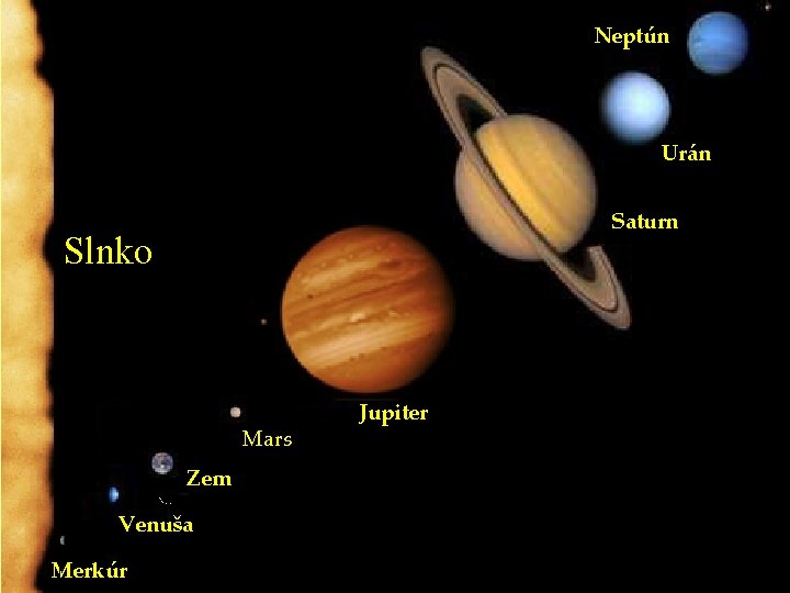 Neptún Urán Saturn Slnko Mars Zem Venuša Merkúr Jupiter 