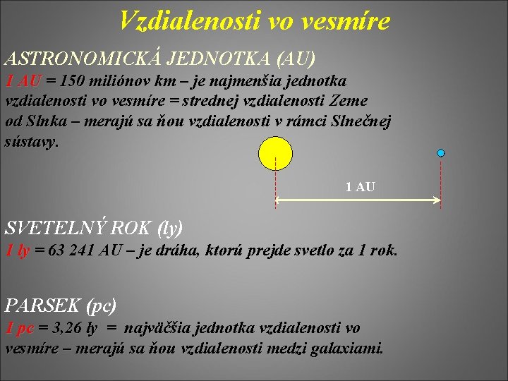 Vzdialenosti vo vesmíre ASTRONOMICKÁ JEDNOTKA (AU) 1 AU = 150 miliónov km – je