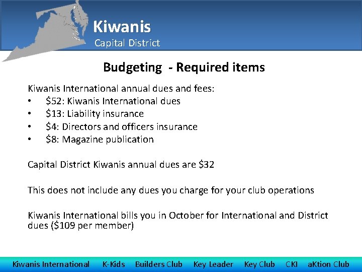 Kiwanis Capital District Budgeting - Required items Kiwanis International annual dues and fees: •