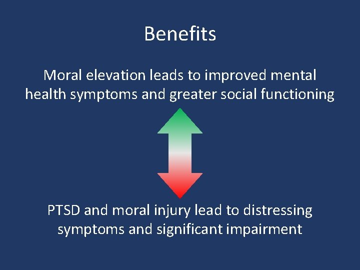Benefits Moral elevation leads to improved mental health symptoms and greater social functioning PTSD Benefits Moral elevation leads to improved mental health symptoms and greater social functioning PTSD