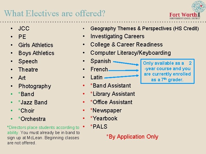 What Electives are offered? • • • JCC PE Girls Athletics Boys Athletics Speech