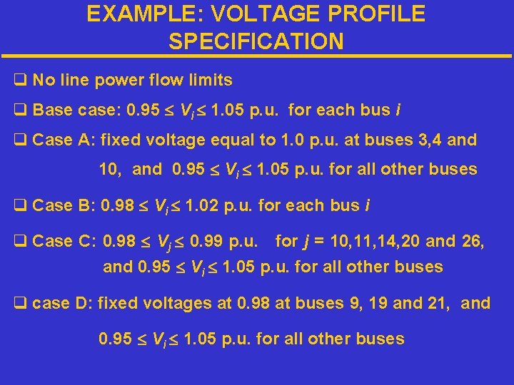 EXAMPLE: VOLTAGE PROFILE SPECIFICATION q No line power flow limits q Base case: 0.