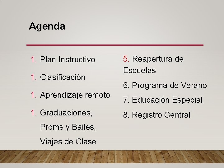 Agenda 1. Plan Instructivo 1. Clasificación 1. Aprendizaje remoto 1. Graduaciones, Proms y Bailes,