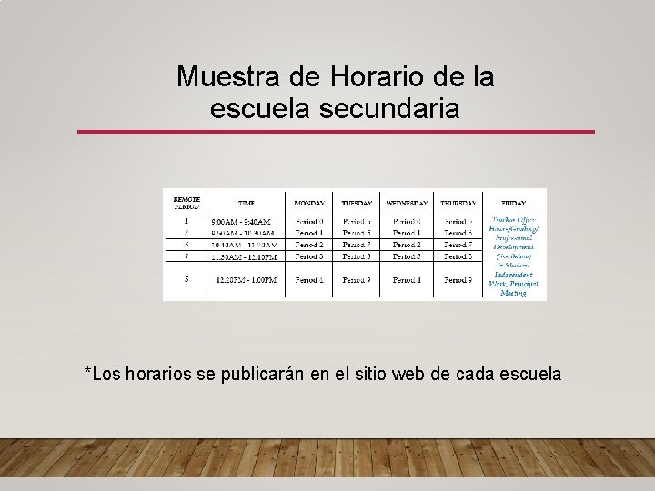 Muestra de Horario de la escuela secundaria *Los horarios se publicarán en el sitio