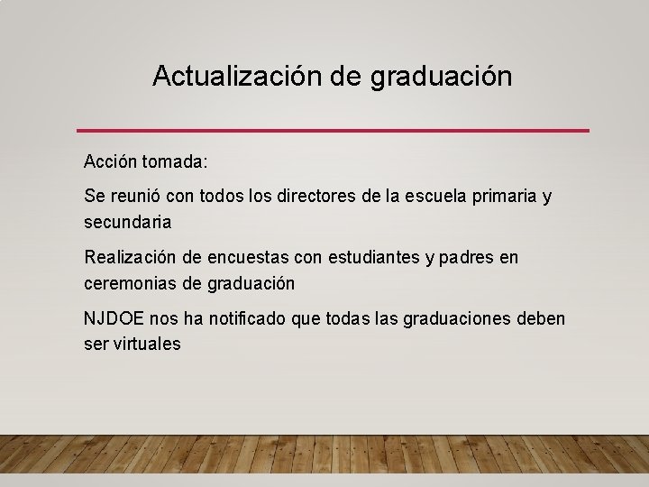 Actualización de graduación Acción tomada: Se reunió con todos los directores de la escuela