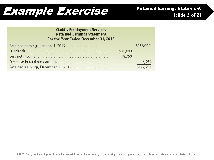 Example Exercise Retained Earnings Statement (slide 2 of 2) © 2016 Cengage Learning. All