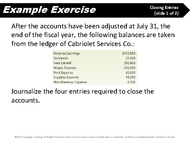 Example Exercise Closing Entries (slide 1 of 2) After the accounts have been adjusted