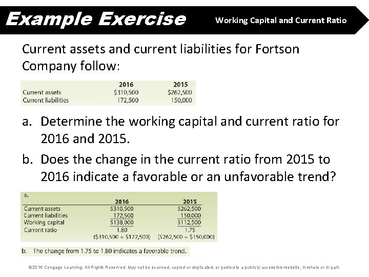 Example Exercise Working Capital and Current Ratio Current assets and current liabilities for Fortson