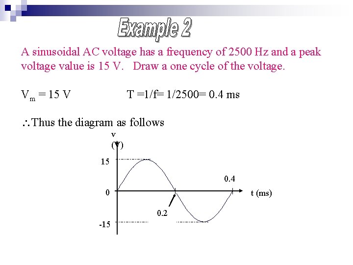 A sinusoidal AC voltage has a frequency of 2500 Hz and a peak voltage