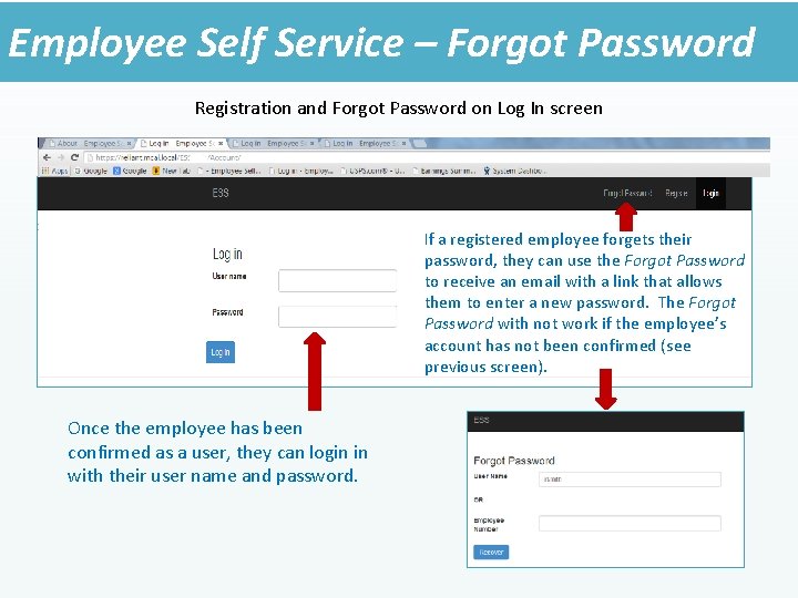Employee Self Service – Forgot Password Registration and Forgot Password on Log In screen