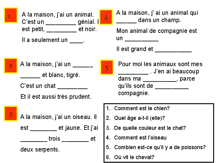 1 A la maison, j’ai un animal. C’est un _____ génial. Il est petit,