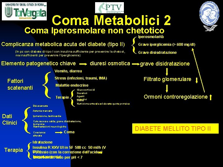 Coma Metabolici 2 Coma Iperosmolare non chetotico Complicanza metabolica acuta del diabete (tipo II)