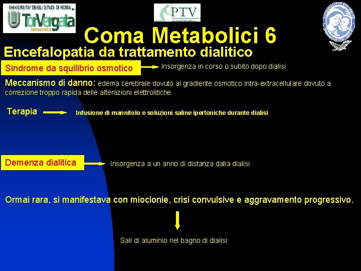 Coma Metabolici 6 Encefalopatia da trattamento dialitico Sindrome da squilibrio osmotico Insorgenza in corso