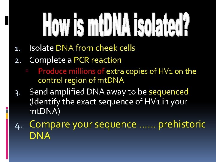 1. Isolate DNA from cheek cells 2. Complete a PCR reaction Produce millions of