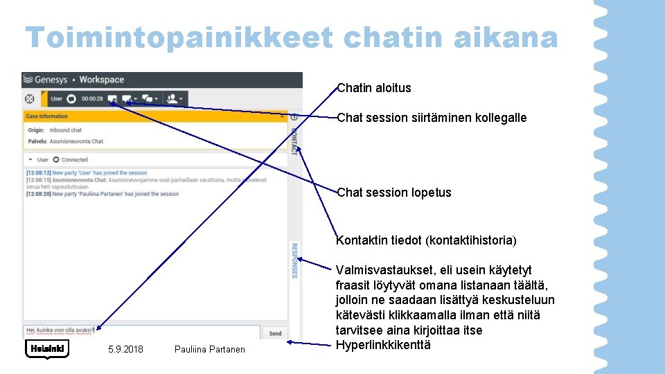 Toimintopainikkeet chatin aikana Chatin aloitus Chat session siirtäminen kollegalle Chat session lopetus Kontaktin tiedot