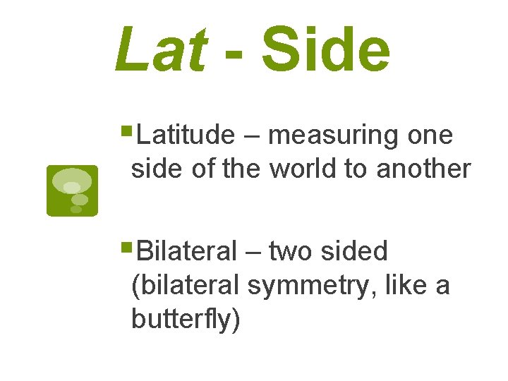 Lat - Side §Latitude – measuring one side of the world to another §Bilateral