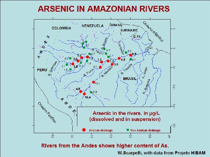 ARSENIC IN AMAZONIAN RIVERS Arsenic in the rivers, in μg/L (dissolved and in suspension)