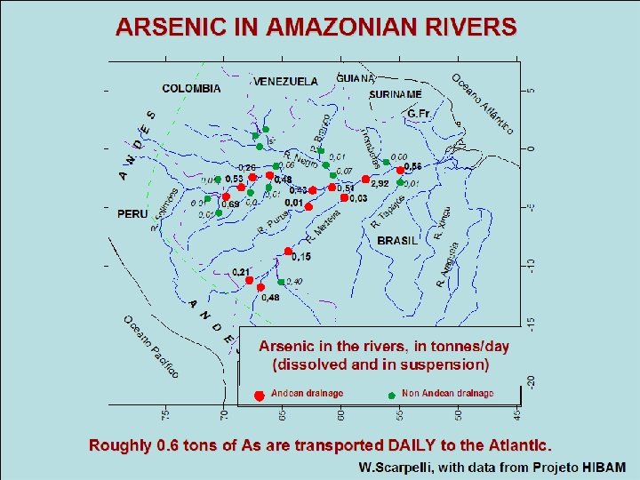 ARSENIC IN AMAZONIAN RIVERS Arsenic in the rivers, in tonnes/day (dissolved and in suspension)