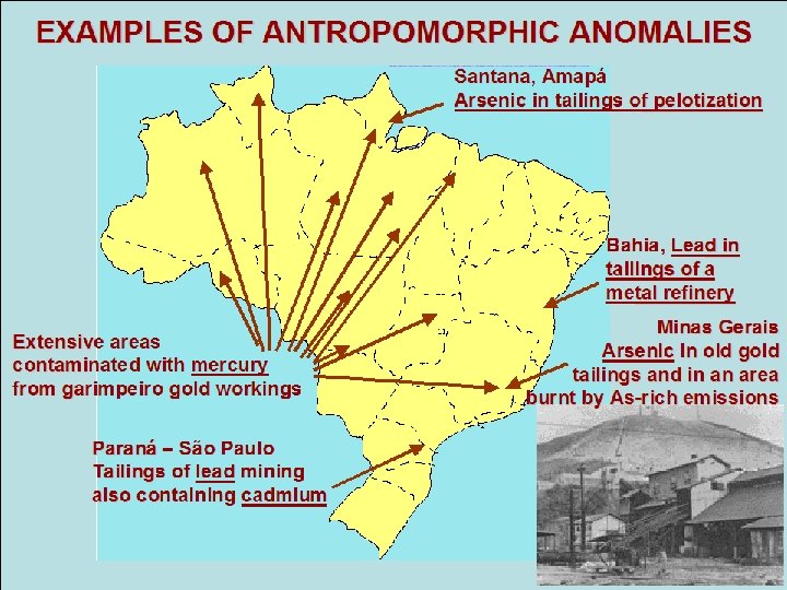 EXAMPLES OF ANTROPOMORPHIC ANOMALIES Santana, Amapá Arsenic in tailings of pelotization Bahia, Lead in