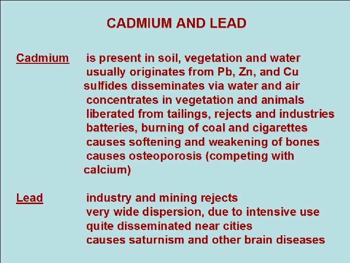 CADMIUM AND LEAD Cadmium is present in soil, vegetation and water usually originates from