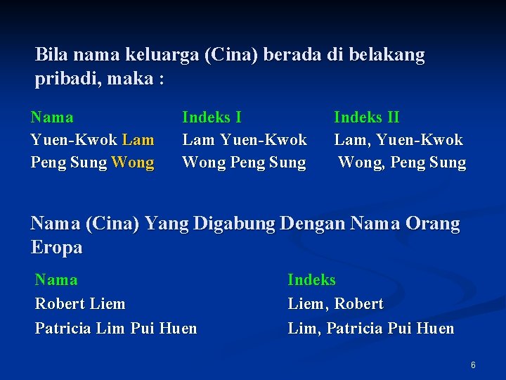 Bila nama keluarga (Cina) berada di belakang pribadi, maka : Nama Yuen-Kwok Lam Peng