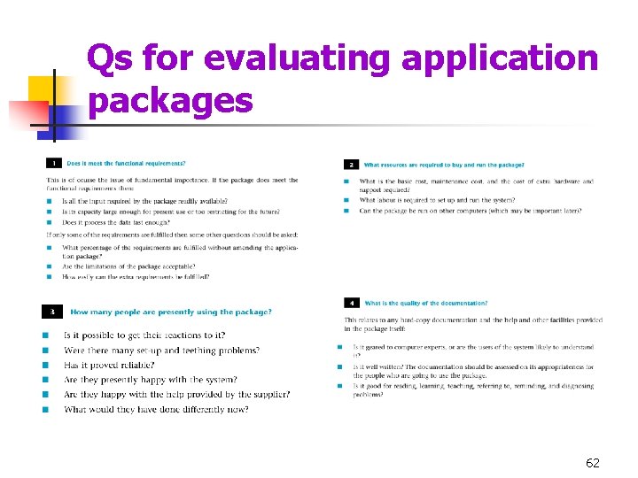 Qs for evaluating application packages 62 