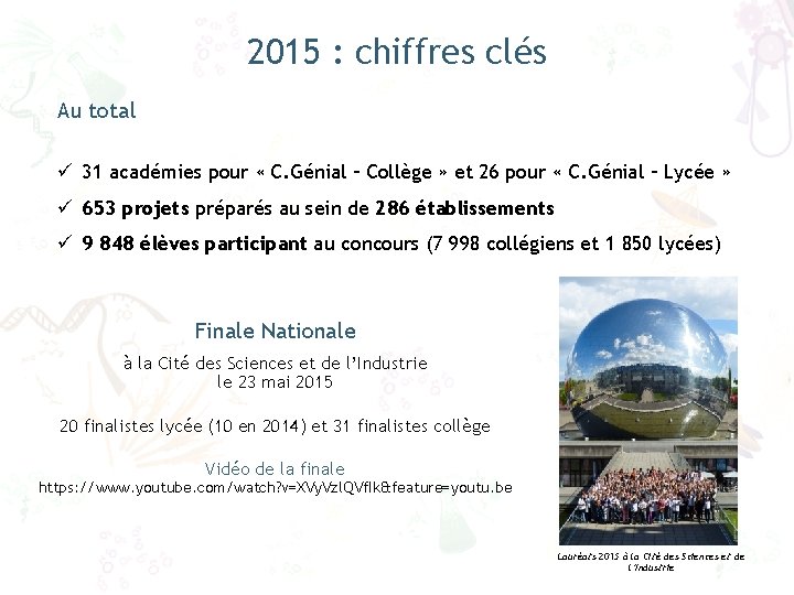 2015 : chiffres clés Au total ü 31 académies pour « C. Génial –