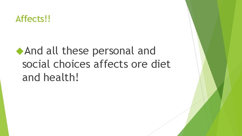 Affects!! And all these personal and social choices affects ore diet and health! 