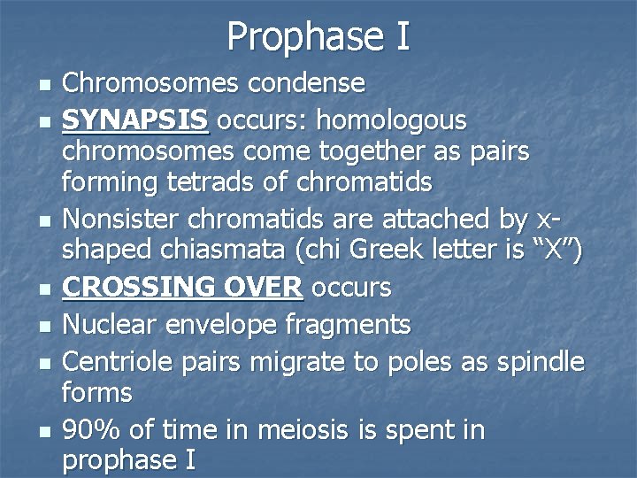 Prophase I n n n n Chromosomes condense SYNAPSIS occurs: homologous chromosomes come together