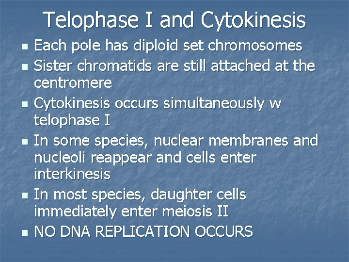 Telophase I and Cytokinesis n n n Each pole has diploid set chromosomes Sister