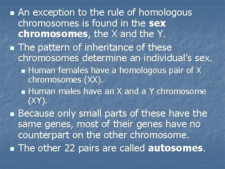 n n An exception to the rule of homologous chromosomes is found in the