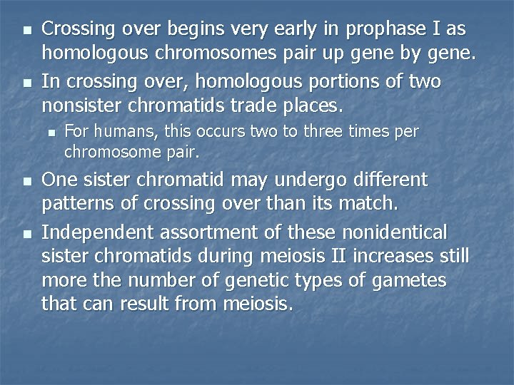 n n Crossing over begins very early in prophase I as homologous chromosomes pair