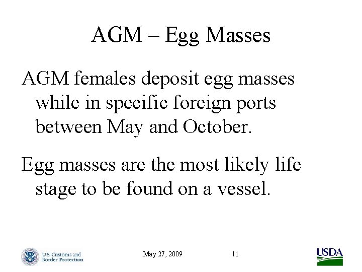 AGM – Egg Masses AGM females deposit egg masses while in specific foreign ports