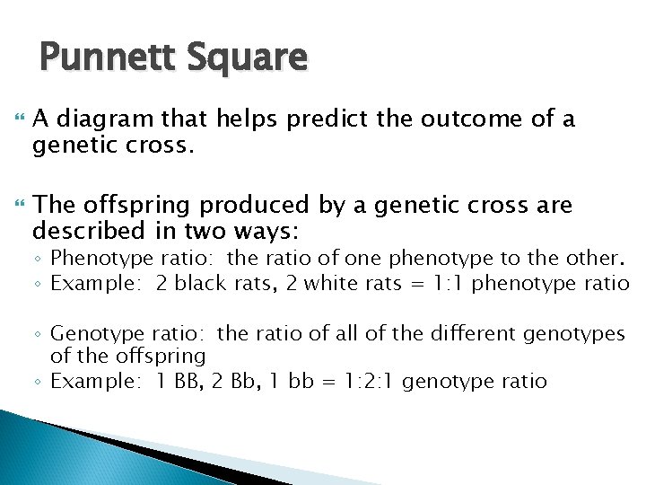 Punnett Square A diagram that helps predict the outcome of a genetic cross. The