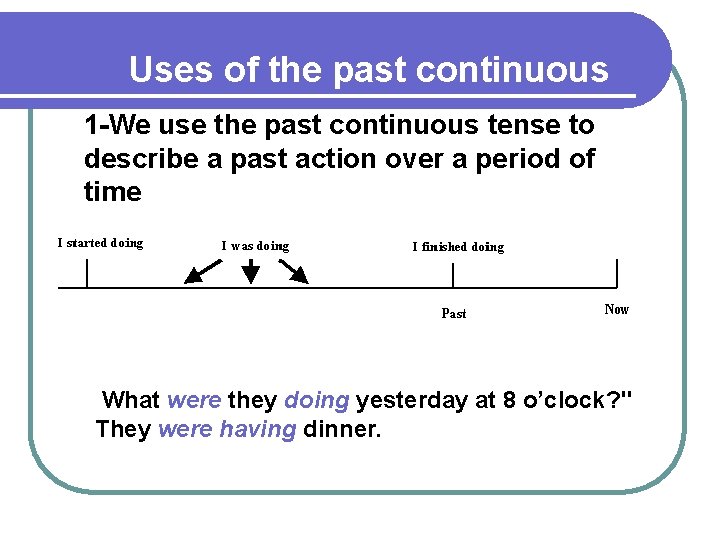 Uses of the past continuous 1 -We use the past continuous tense to describe